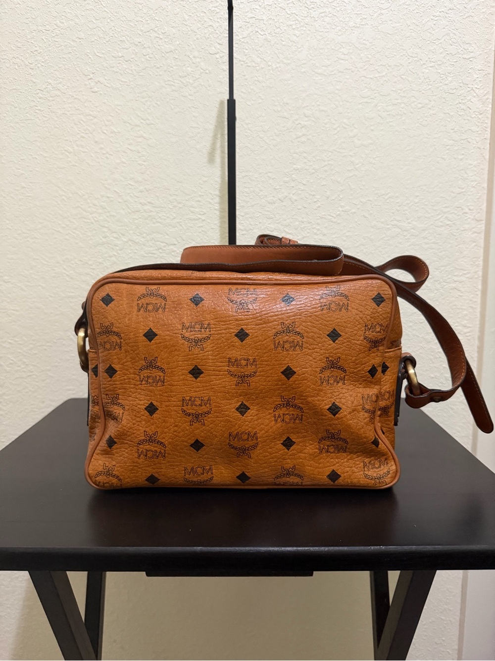 MCM Tan & Cognac Leather Messenger Bag with Monogram - Picture 4 of 6